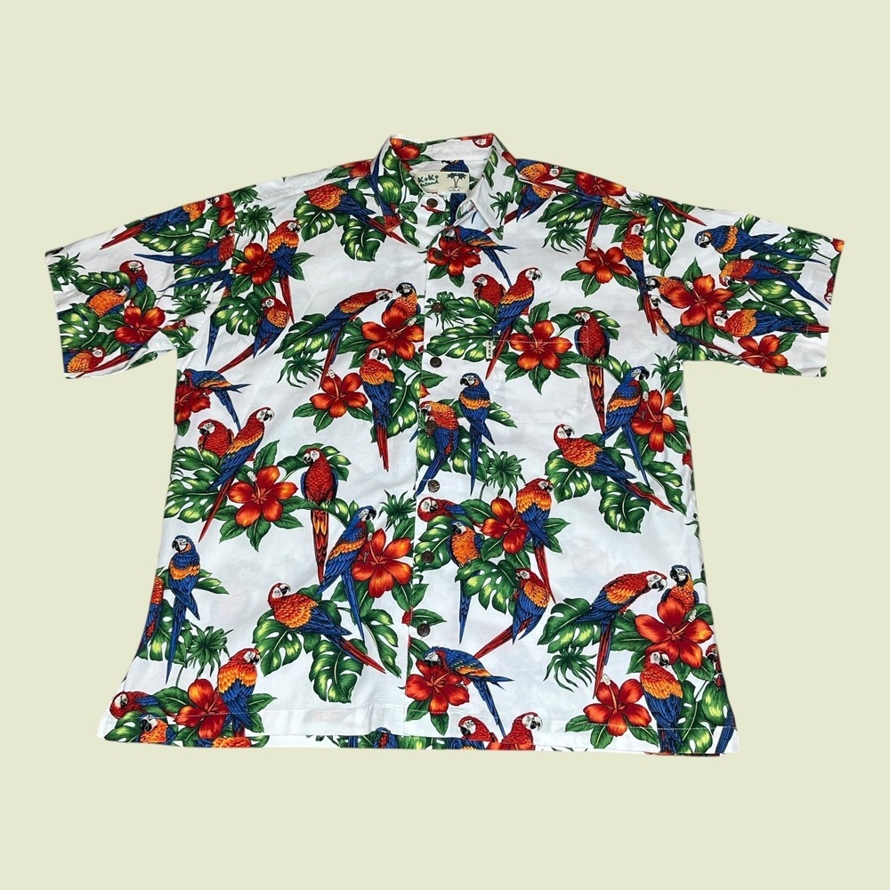 VTG Koko Island Mens XL Hawaiian Shirt Parrot Hibiscus Print Summer Made in USA